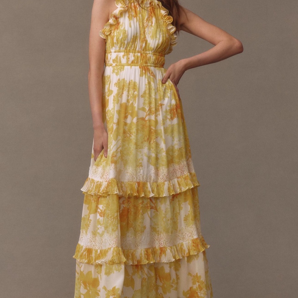 BHLDN Ava Chiffon Yellow Floral Maxi Dress